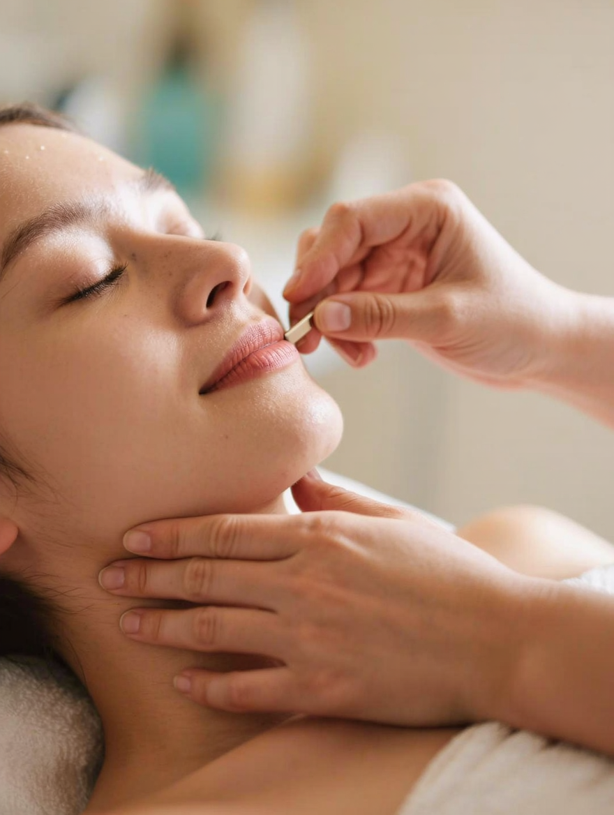 Therapist's hands working gently along a client's neck and jaw