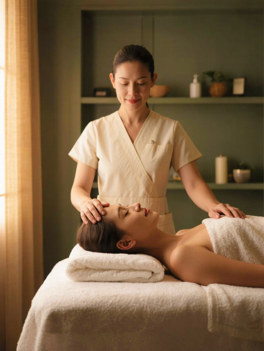 Lisa M. Clark resting a hand gently at a client's temple and shoulder during treatment